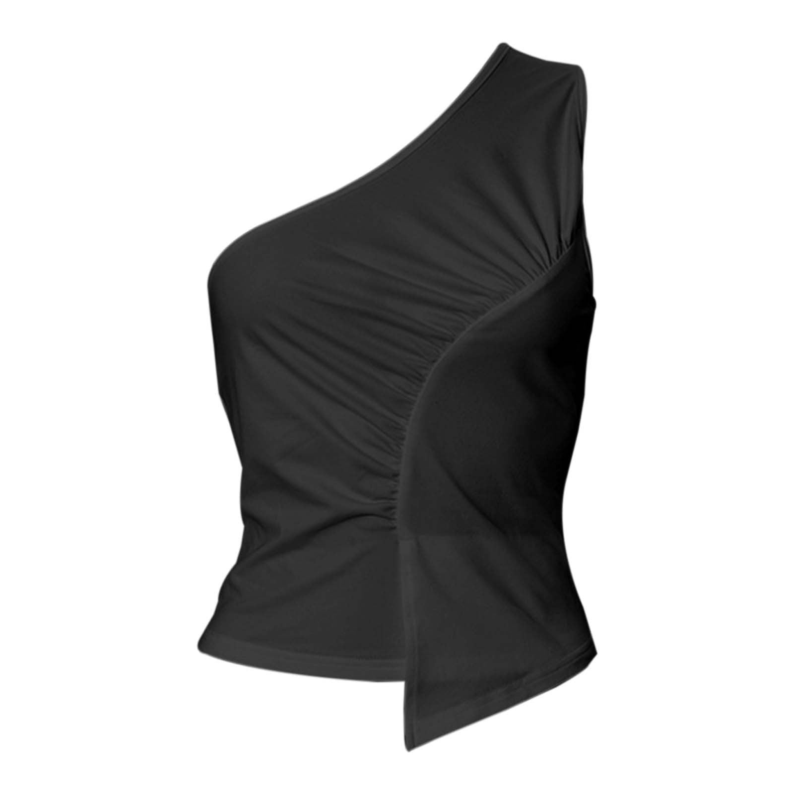 One Shoulder Crop Top For Women Slim Fit Pleated Solid Color Splice ...