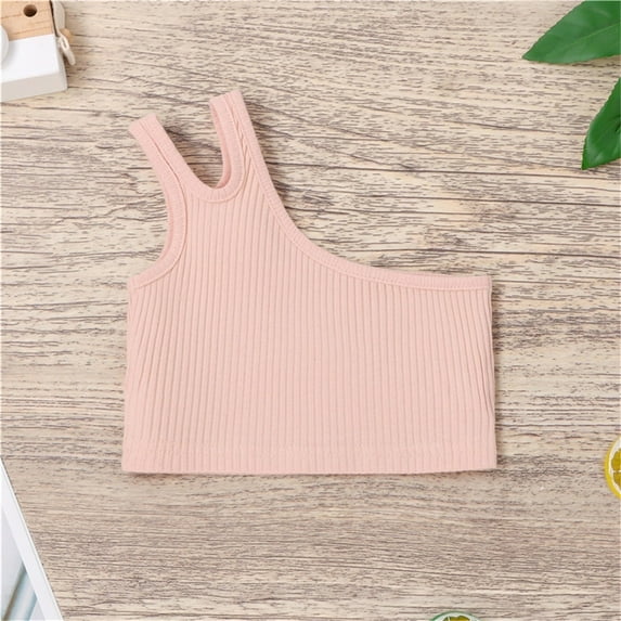 One Shoulder Cropped Tank Tops for Toddler Girls Size 2-8 Kids Cute Sleeveless Stretchy Pullover Solid Color Ribbed Summer Cami Shirts