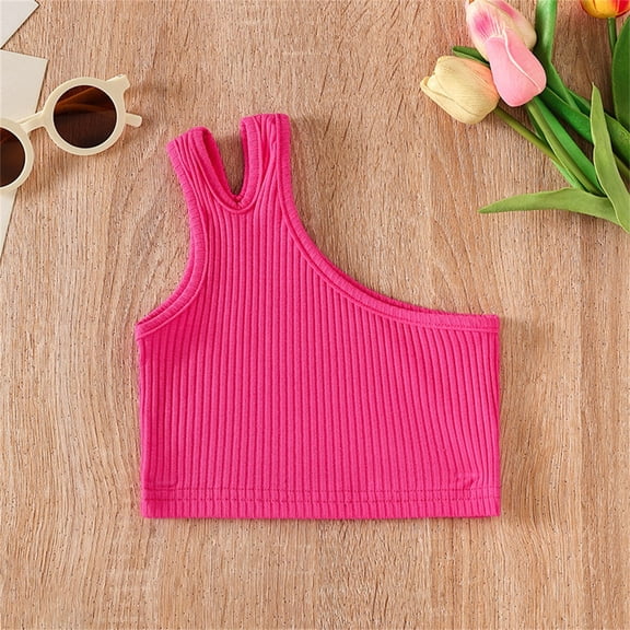 One Shoulder Cropped Tank Tops for Toddler Girls Size 2-8 Kids Cute Sleeveless Stretchy Pullover Solid Color Ribbed Summer Cami Shirts