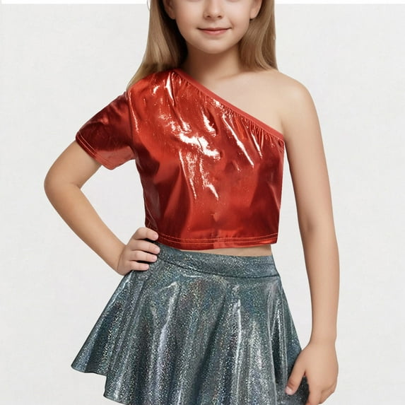 One Shoulder Cropped Tops for Girls Trendy Sparkly Short Sleeve T-Shirts Size 3-16 Teens Kids Shiny Solid Stretchy Slim-Fit Performance Tees