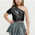 thumbnail image 1 of One Shoulder Cropped Tops for Girls Trendy Sparkly Short Sleeve T-Shirts Size 3-16 Teens Kids Shiny Solid Stretchy Slim-Fit Performance Tees, 1 of 4