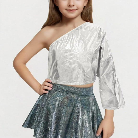 One Shoulder Cropped Tops for Girls Long Sleeve Shirts Size 3-16 Teens Toddlers Trendy Solid Color Shiny Pullover Dance Performance T-Shirts