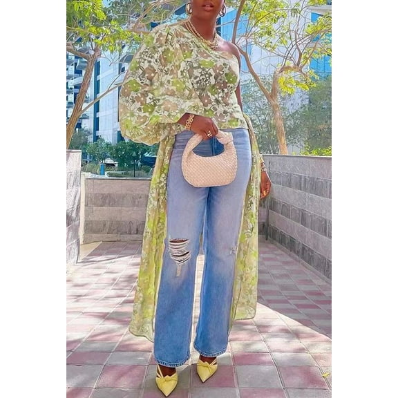 One Shoulder Drapped Side Top (L, MultiGreen)