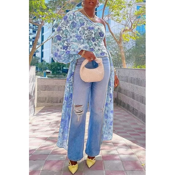 One Shoulder Drapped Side Top (S, MultiBlue)