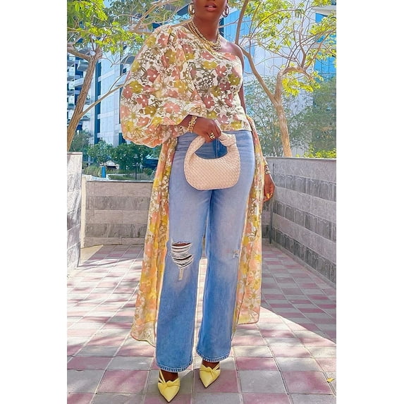 One Shoulder Drapped Side Top (S, MultiYellow)