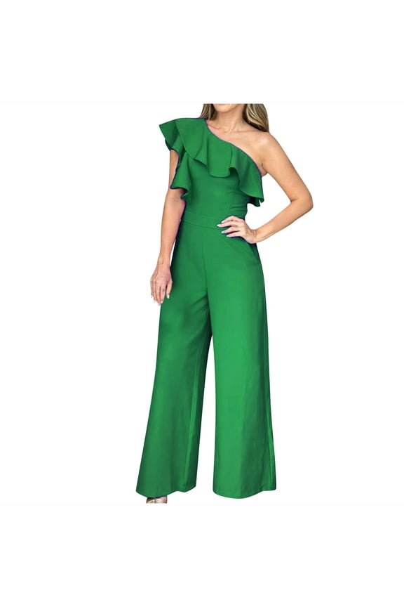 One Shoulder Dress Jumpsuits for Women Sleeveless Ruffled Tunic Wide Leg Onesie Workwear Green,S