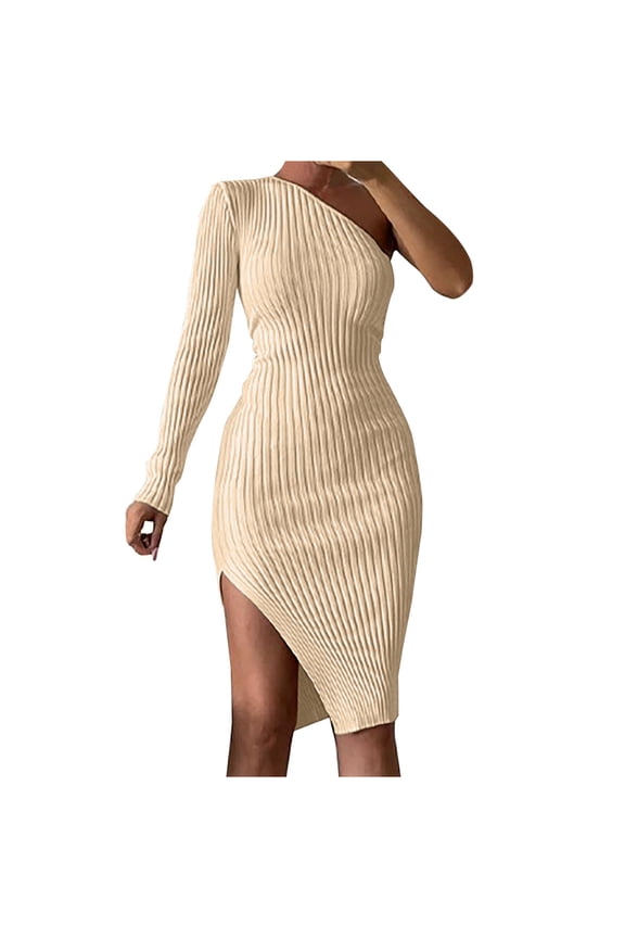 One Shoulder Dress for Women Long Sleeve Ribbed Slim Fitted Side Slit Tight Dress Solid Color Knee Length Fall Dress