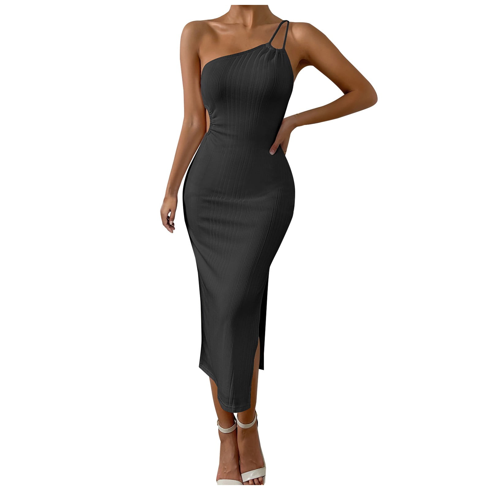 open lace back dress Lucretia One Shoulder Ribbed Midi Dress Black