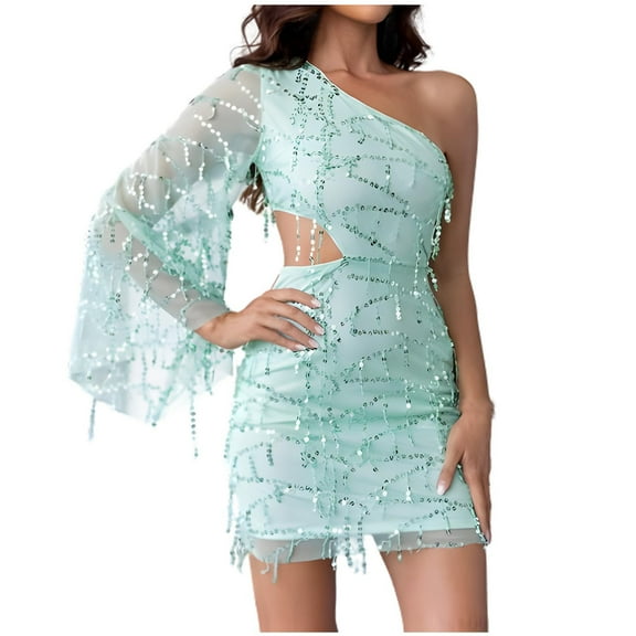 One Shoulder Dresses for Women Cocktail Elegant Cutout Fringe Glitter Dress Sheer Mesh Party Bodycon Dress Mint Green L