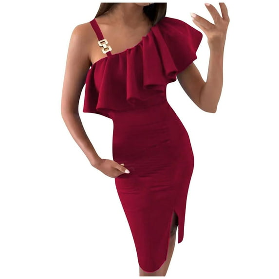 One Shoulder Dresses for Women Ruffle Ruched Bodycon Midi Dress Slim Fit Elegant Formal Split Cocktail Party Dress