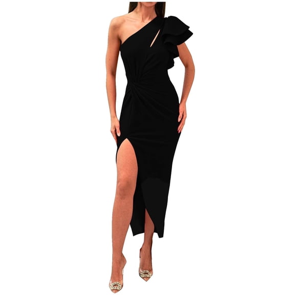 One Shoulder Dresses for Women Ruffle Sleeve Long Formal Gowns, Ruched Bodycon Wedding Guest Slit Maxi Dresses Black XL