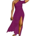 thumbnail image 1 of One Shoulder Dresses for Women Short Sleeve Plain Bodycon Maxi Dress Summer High Split Beach Party Long Dress, 1 of 7
