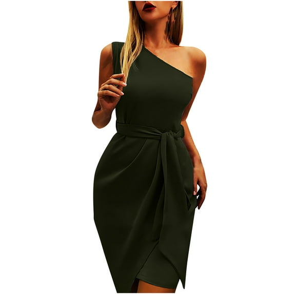 One Shoulder Dresses for Women Sleeveless Sexy Solid Color Belted Mini Dress Slim Fitted Elegant Formal Cocktail Dresses
