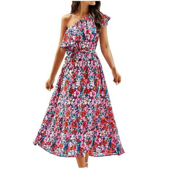One Shoulder Floral Dress Womens Fashion Summer Sleeveless Ruffle Flowy Mid Long Dress Belted Beach Holiday Dress (XL, Blue)