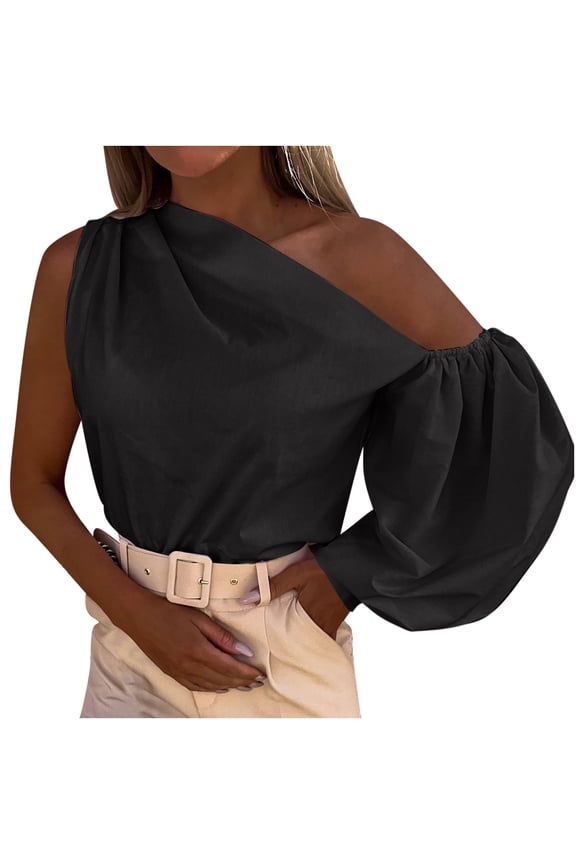 One Shoulder Irregular Shirts for Women Long Puff Sleeve Blouse Unique Design Fashion Fall Tops Comfy Basic Tee