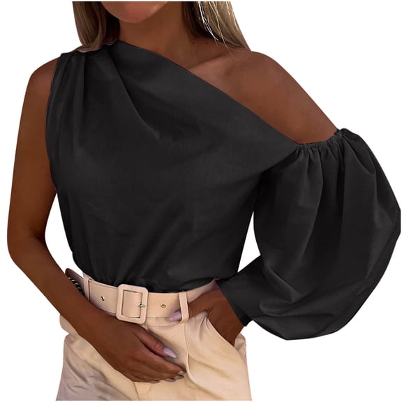 One Shoulder Irregular Shirts for Women Long Puff Sleeve Blouse Unique Design Fashion Fall Tops Comfy Basic Tee