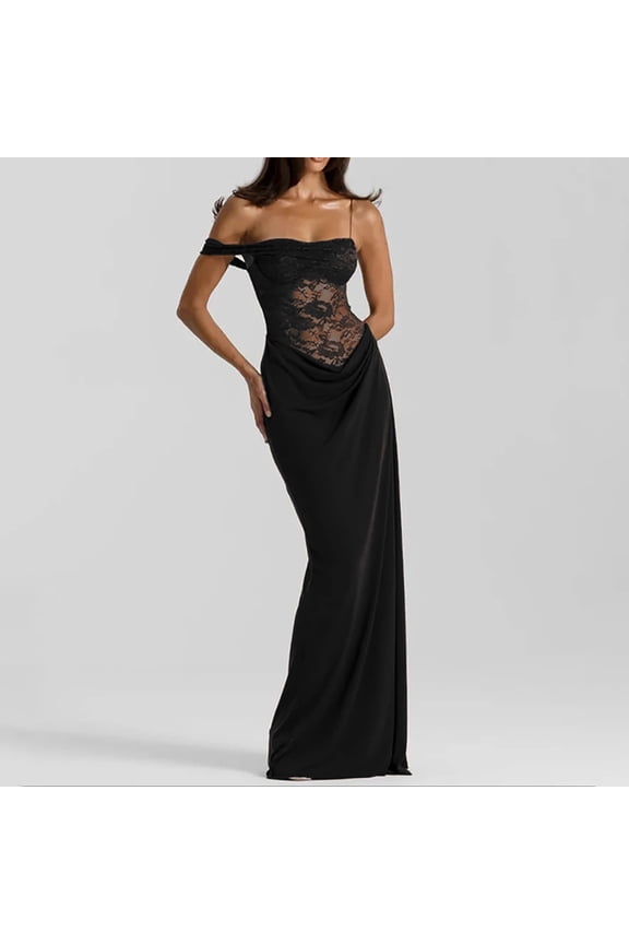 One Shoulder Lace Maxi Dress, Sexy Long Prom Dress with Lace Panels, Asymmetrical Formal Gown for Wedding Guest, Evening Party and Black Tie Event Black S