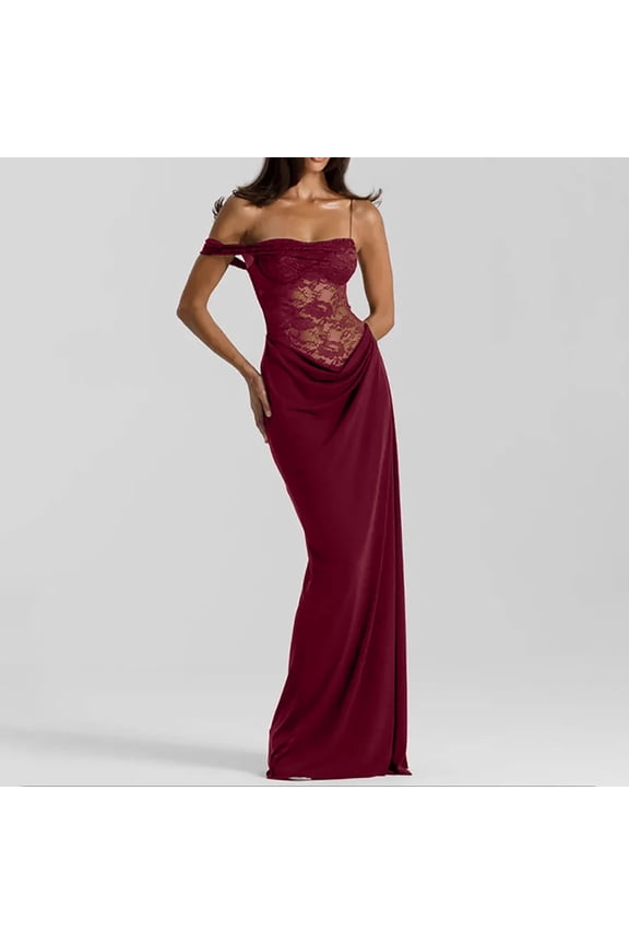 One Shoulder Lace Maxi Dress, Sexy Long Prom Dress with Lace Panels, Asymmetrical Formal Gown for Wedding Guest, Evening Party and Black Tie Event Wine S