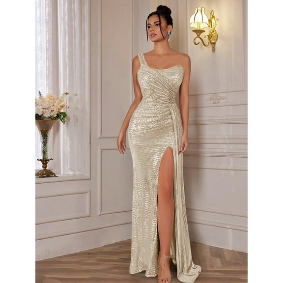 One Shoulder Long Glittery Evening Sequin Prom Party Dress