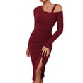 thumbnail image 1 of One Shoulder Long Sleeve Cocktail Dress Sexy Rib Knit Slit Ruched Bodycon Wedding Guest Maxi Dresses, 1 of 5