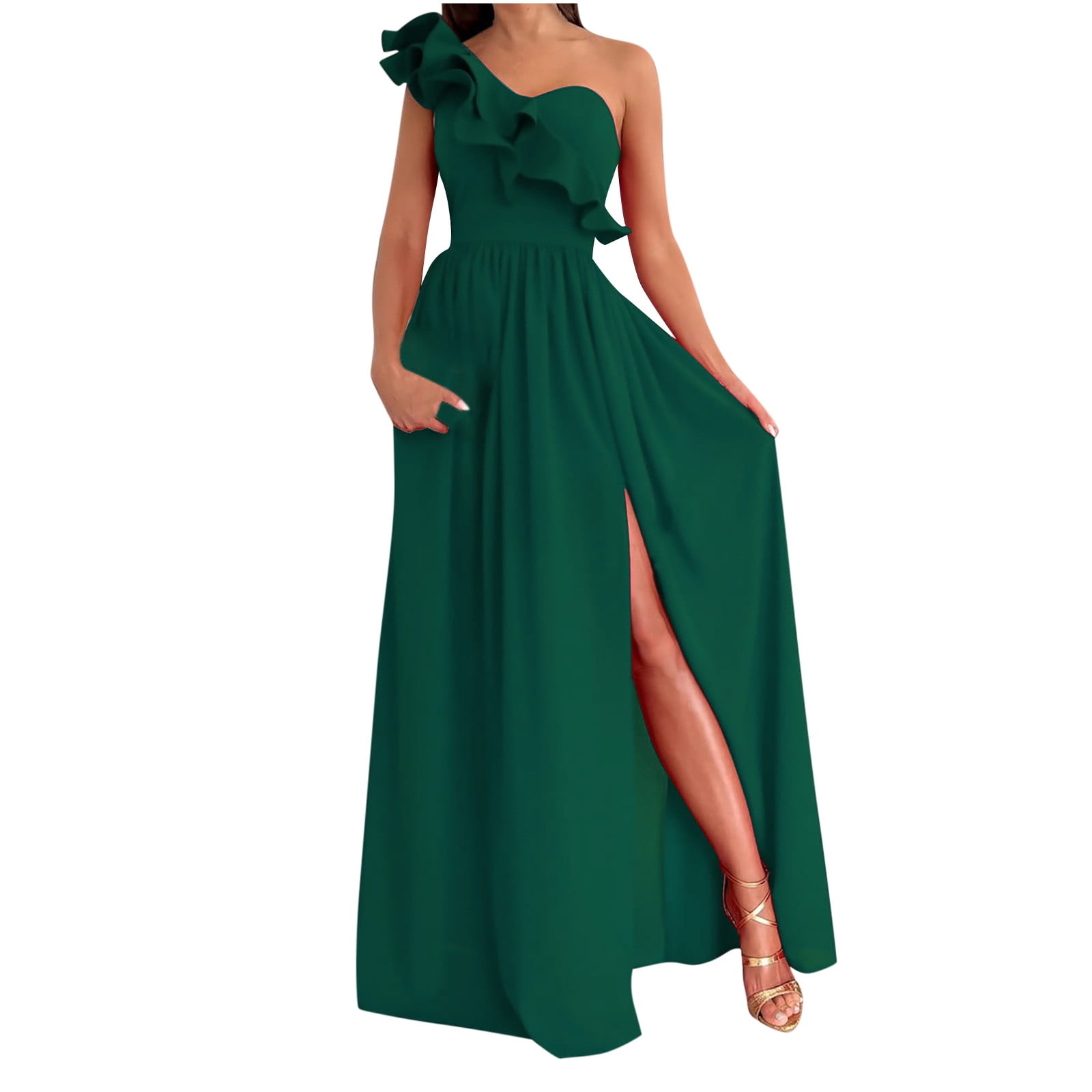 One Shoulder Maxi Dresses for Women Summer Chic Ruffle Trim Tummy Control  Long Dress with Slit Pleated Chiffon Dress