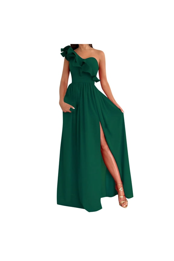 One Shoulder Maxi Dresses for Women Summer Chic Ruffle Trim Tummy Control Long Dress with Slit Pleated Chiffon Dress