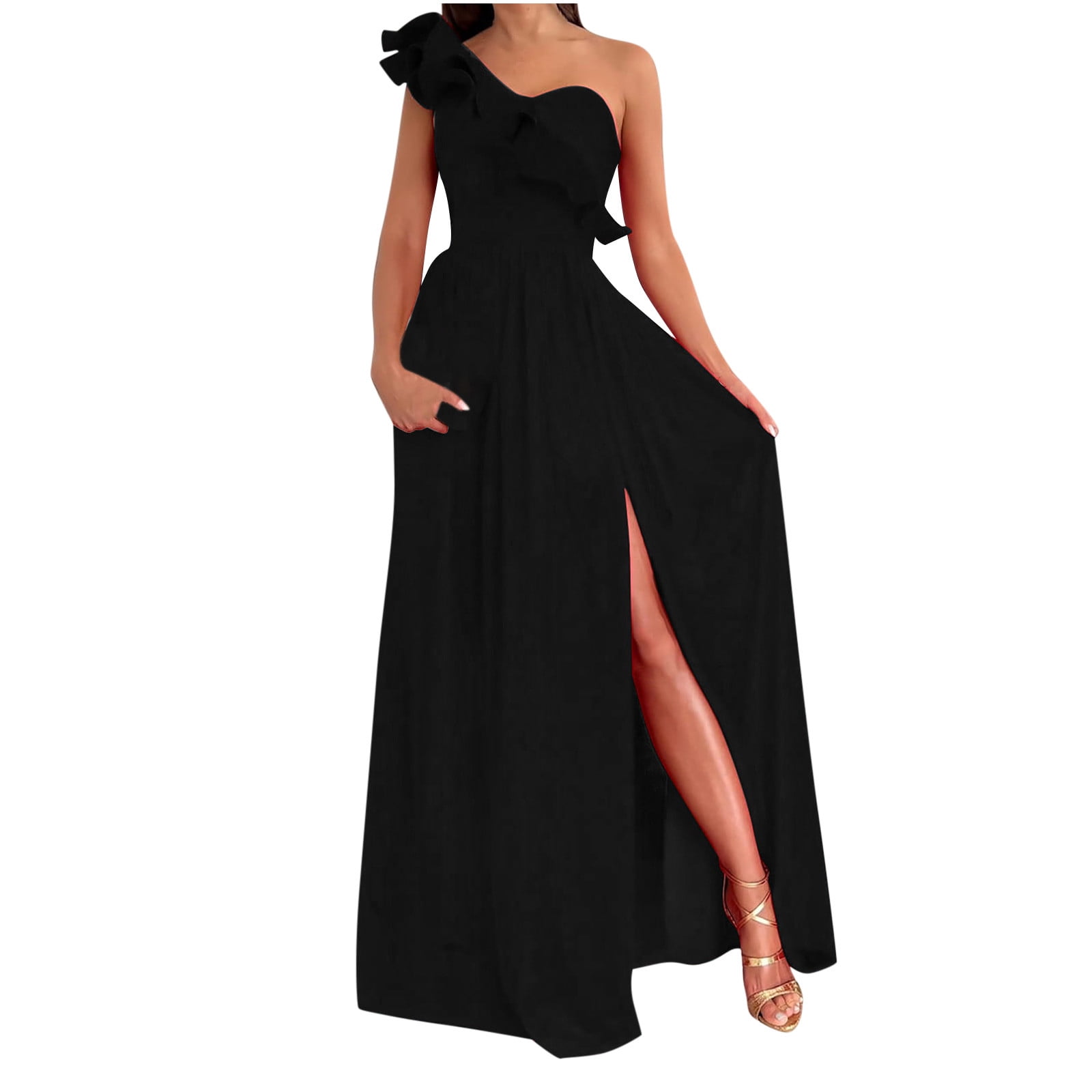 One Shoulder Maxi Dresses for Women Summer Chic Ruffle Trim Tummy Control  Long Dress with Slit Pleated Chiffon Dress 