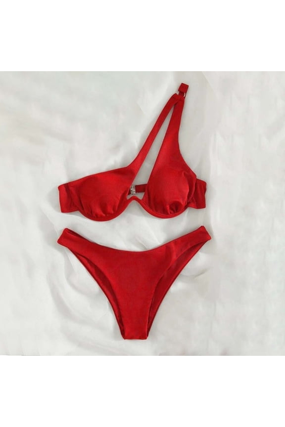 One Shoulder Micro Bikinis for Women 2-Piece Cutout Slimming V-Neck High-Cut Seamless Bathing Suits