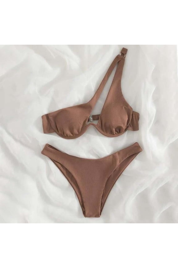 One Shoulder Micro Bikinis for Women 2-Piece Cutout Slimming V-Neck High-Cut Seamless Bathing Suits