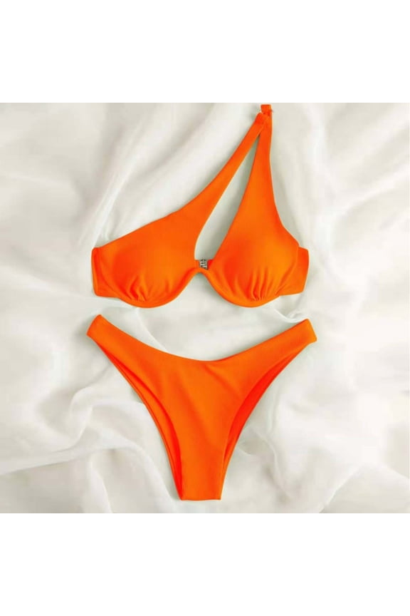 One Shoulder Micro Bikinis for Women 2-Piece Cutout Slimming V-Neck High-Cut Seamless Bathing Suits