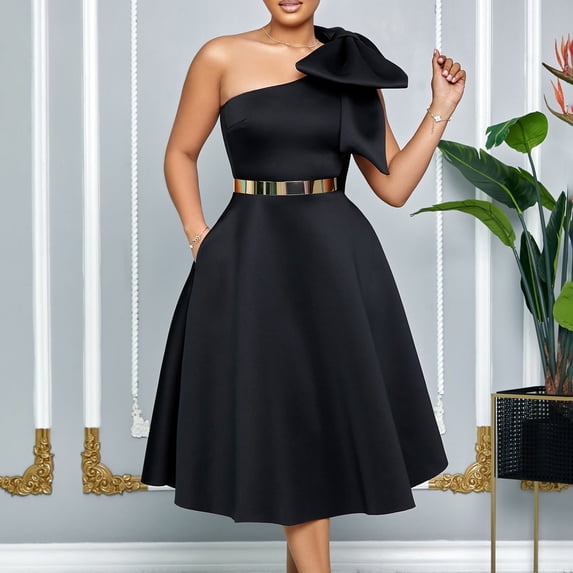 One-Shoulder Midi Dress with Bow Detail
