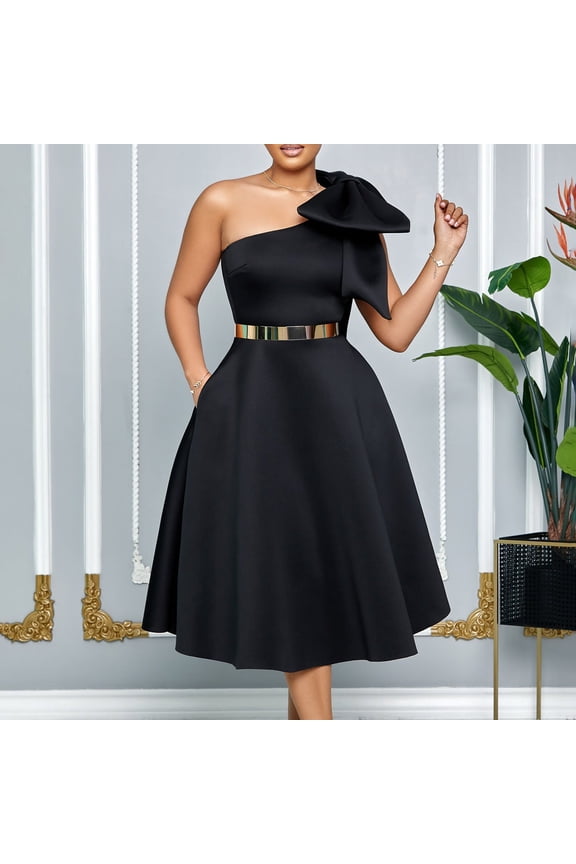 One-Shoulder Midi Dress with Bow Detail