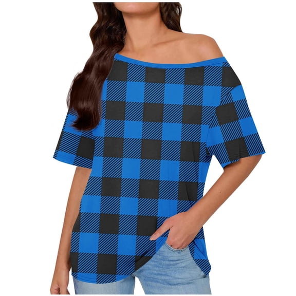 One Shoulder Plaid T-Shirt for Women Slanted Neck Pullover Short Sleeve Tops Loose Summer Tees