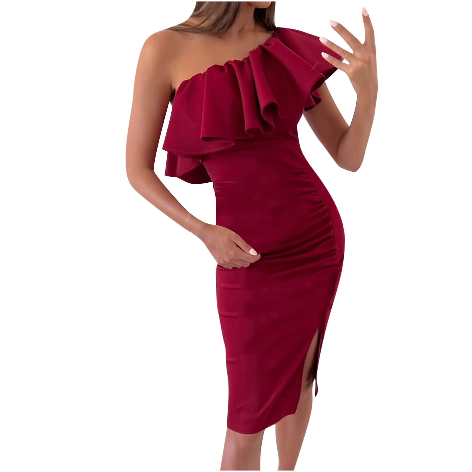 One Shoulder Ruffle Bodycon Midi Cocktail Dress Elegant Pencil Dress ...
