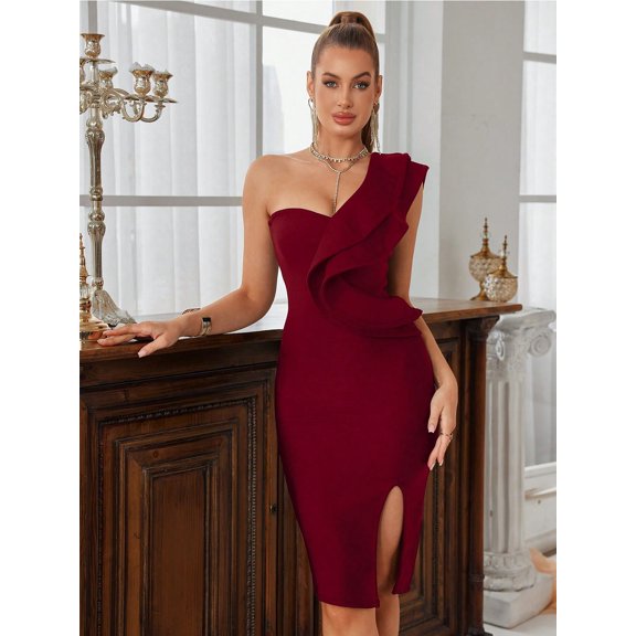 One Shoulder Ruffle Dress Side Split Bodycon Bandage Dress Wedding Guest Dress