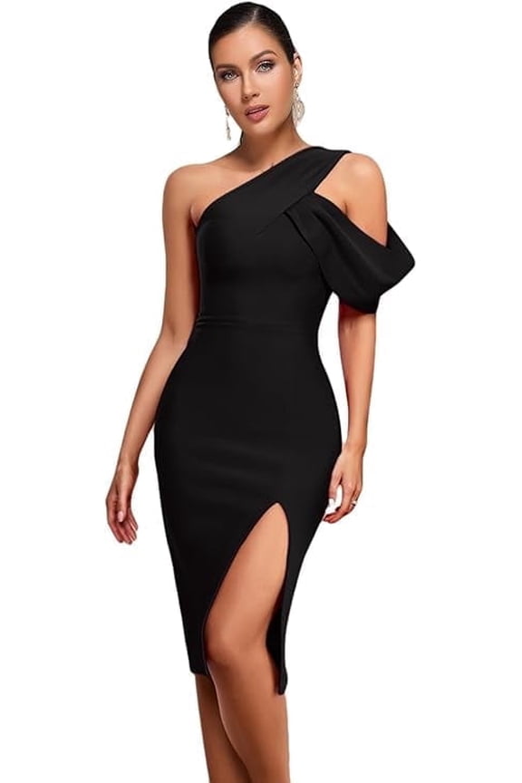 One Shoulder Ruffle Wedding Guest Dress Slit Bandage Cocktail Dress Formal Party Gowns Color Black Small