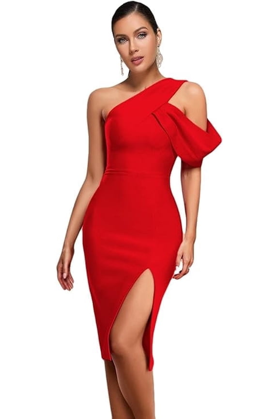 One Shoulder Ruffle Wedding Guest Dress Slit Bandage Cocktail Dress Formal Party Gowns Color Red Large