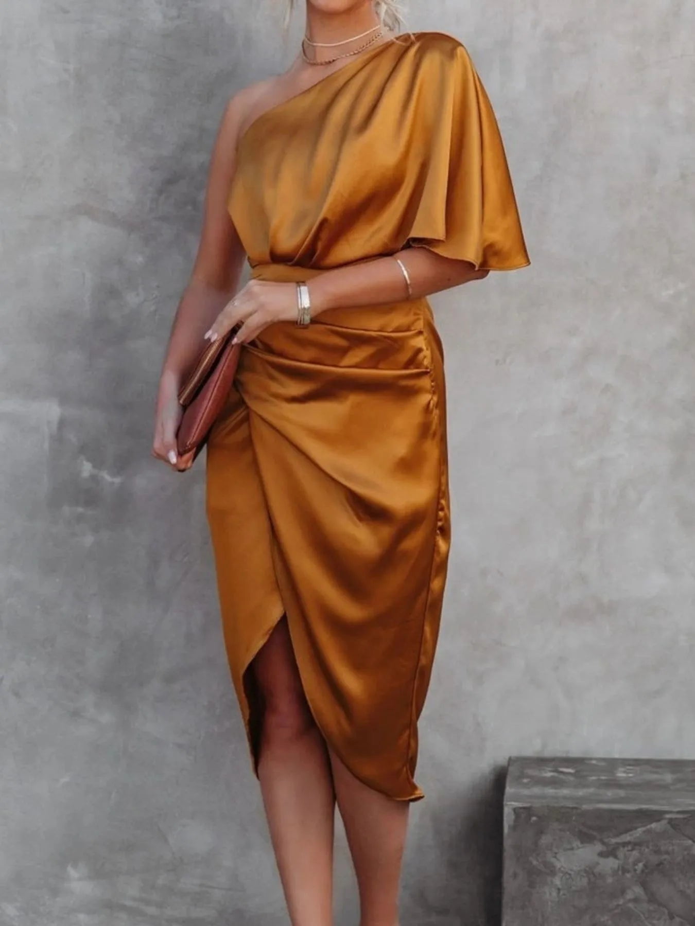 TRENDSI One-Shoulder Satin Wrap Dress with Side Slit