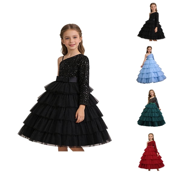 One Shoulder Sequin Dress for Girls, Elegant Tutu Evening Gown for Birthday Party Piano Recital, Flower Girl Pageant Princess Tulle Ruffle Sleeveless Wedding Prom Dress with Bow
