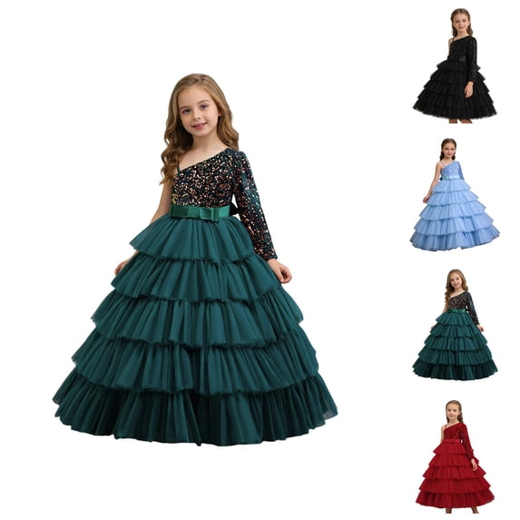 One Shoulder Sequin Dress for Girls, Elegant Tutu Evening Gown for Birthday Party Piano Recital, Flower Girl Pageant Princess Tulle Ruffle Sleeveless Wedding Prom Dress with Bow