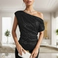 thumbnail image 1 of Trendy One Shoulder Sequin Tops for Women Ruched Asymmetrical Glitter Elegant Sparkly Party T-Shirts Blouse, 1 of 5