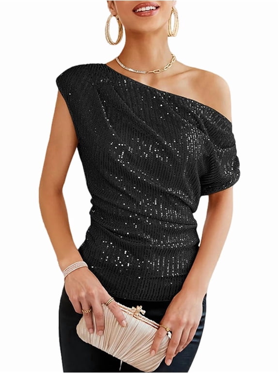 One Shoulder Sequin Sparkly Tops for Women Ruched Asymmetrical Glitter Tops Black L