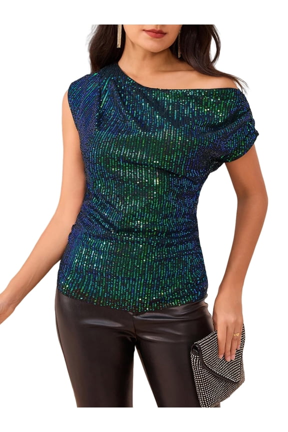 One Shoulder Sequin Sparkly Tops for Women Ruched Asymmetrical Glitter Tops Iridescent Green M