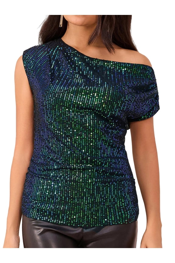 One Shoulder Sequin Sparkly Tops for Women Ruched Asymmetrical Glitter Tops Iridescent Green XL
