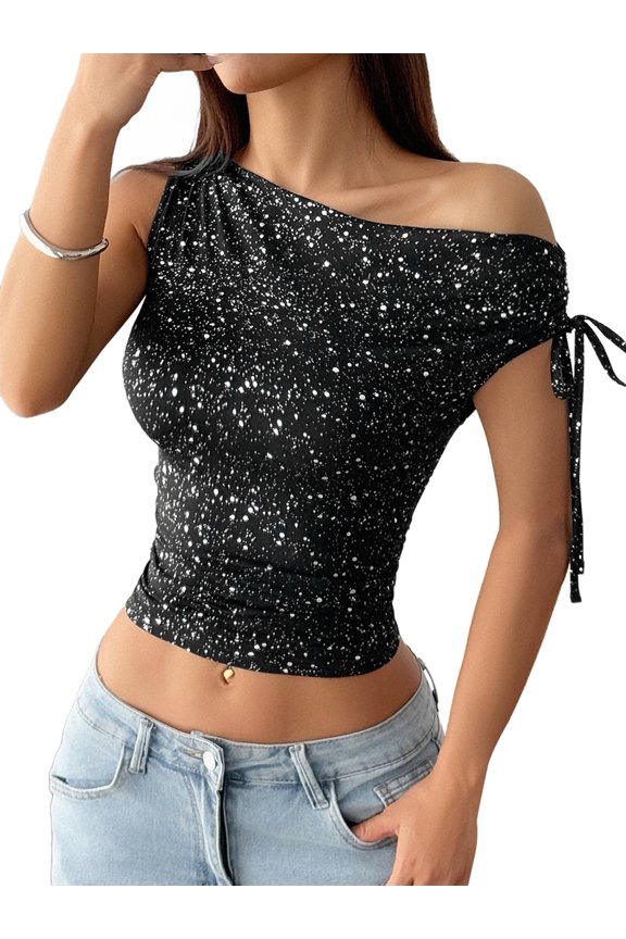 One Shoulder Sequin Sparkly Tops for Women Ruched Asymmetrical Glitter Tops Slimming Sparkle Party Shirts Black M