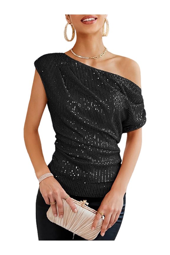One Shoulder Sequin Sparkly Tops for Women Ruched Asymmetrical Glitter Tops