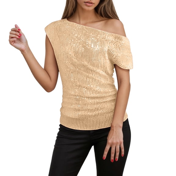One Shoulder Sequin Sparkly Tshirts for Womens Solid Ruched Asymmetrical Glitter Party Tops A-Gold M