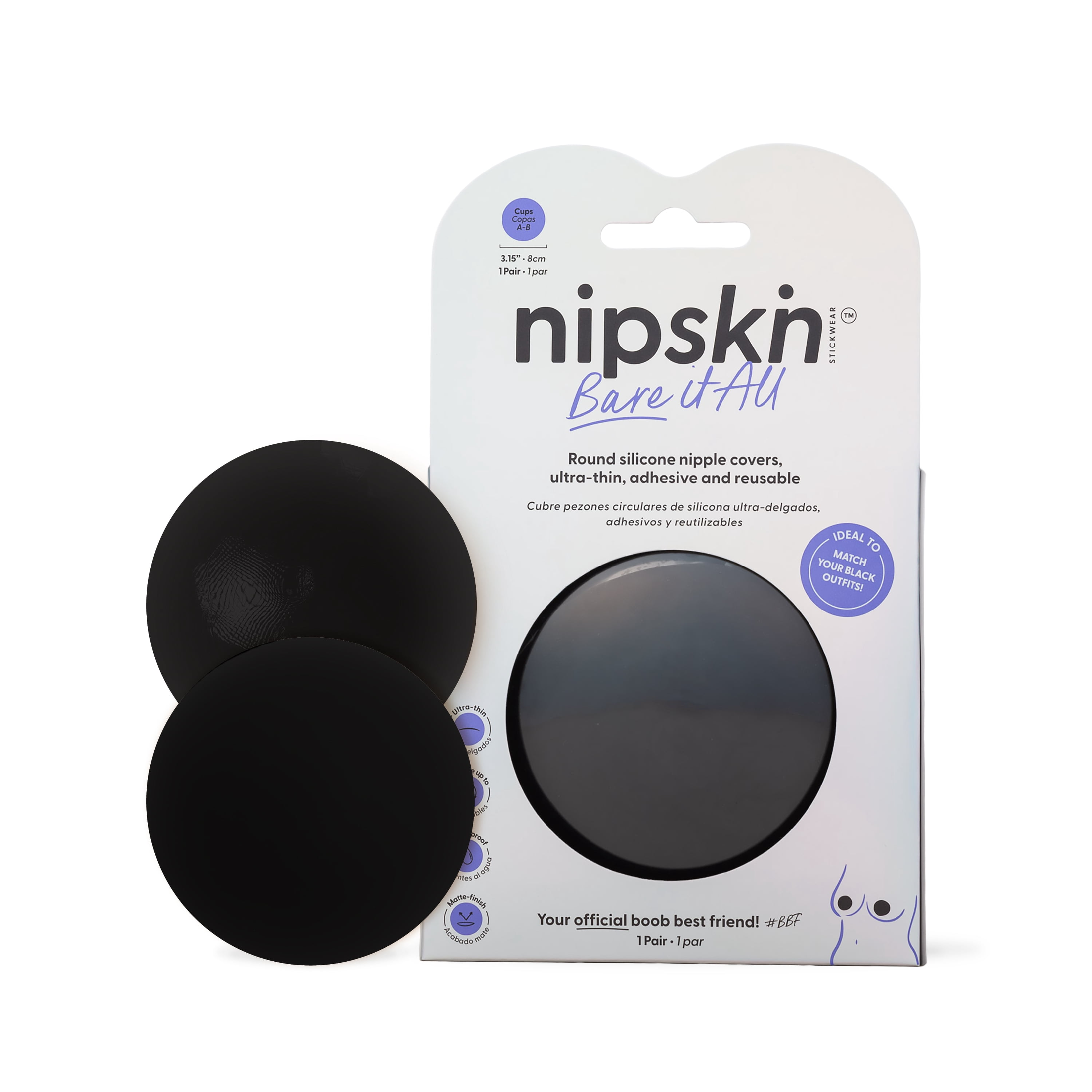 Nipskin Black Silicone Nipple Covers for Women, Reusable Adhesive Pasties for Dark Clothing, Medium