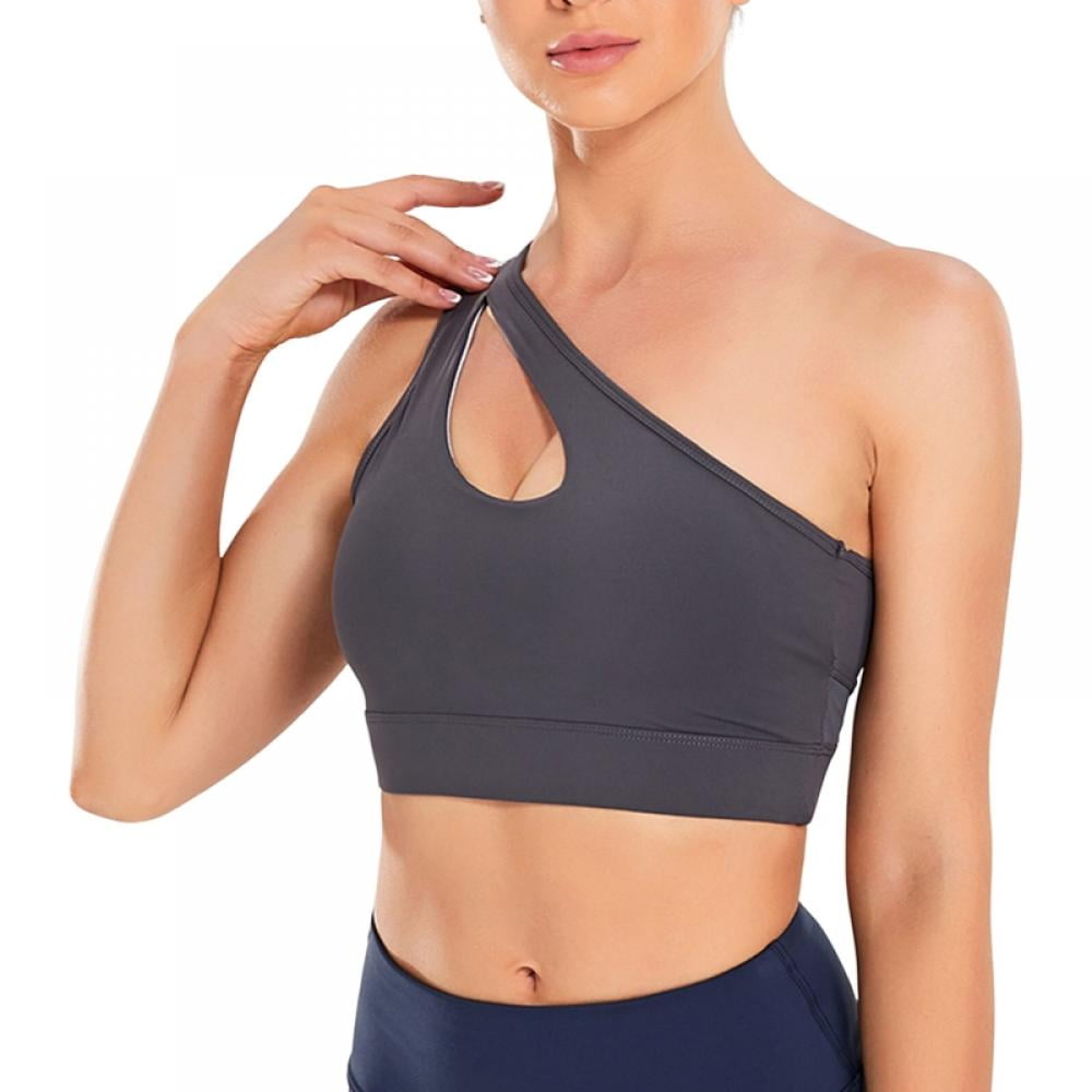 One Shoulder Sports Bras for Women Medium Support Longline Padded Yoga Crop Tank Top with Built