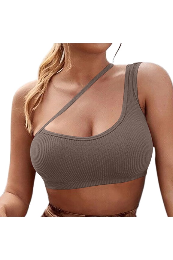 One Shoulder Sports Bras for Women Ribbed Workout Yoga Bra Asymmetrical Holiday Wireless Bralette, Gray, S